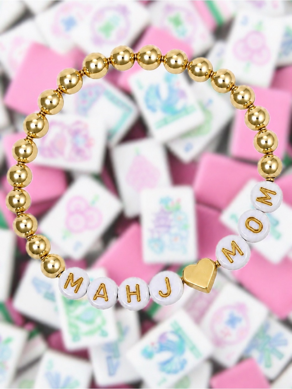 Hand Crafted MAHJ MOM Stretch Bracelet Gold White 7"